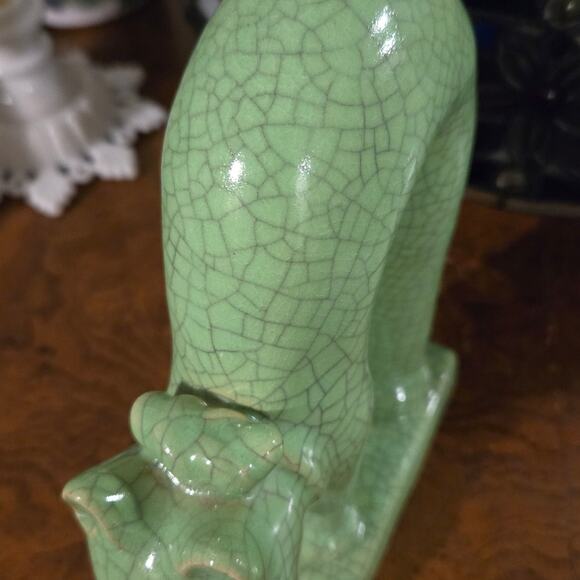 Antique Japanese Celadon Crackle Glazed Green Porcelain Cat Figurine - Picture 2 of 12